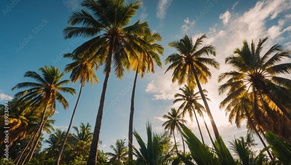 Shining sun and coconut palm trees under a radiant sky Shining sun and coconut palm trees under a radiant sky