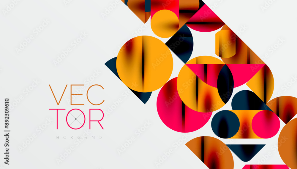 Color beautiful circles, semi circles, squares and round triangles. Geometric mosaic style pattern abstract background for wallpaper, banner, backdrop, card, book Illustration, landing page Color beautiful circles, semi circles, squares and round triangles. Geometric mosaic style pattern abstract background for wallpaper, banner, backdrop, card, book Illustration, landing page
