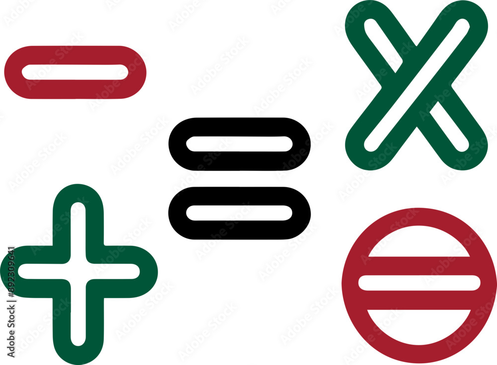 Colorful mathematical symbols representing addition, subtraction, multiplication, and division on a white background. Colorful mathematical symbols representing addition, subtraction, multiplication, and division on a white background.