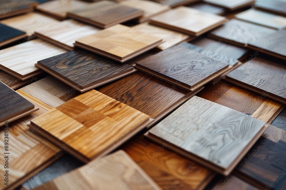 Square samples of wood laminate flooring and vinyl tiles. Square samples of wood laminate flooring and vinyl tiles.