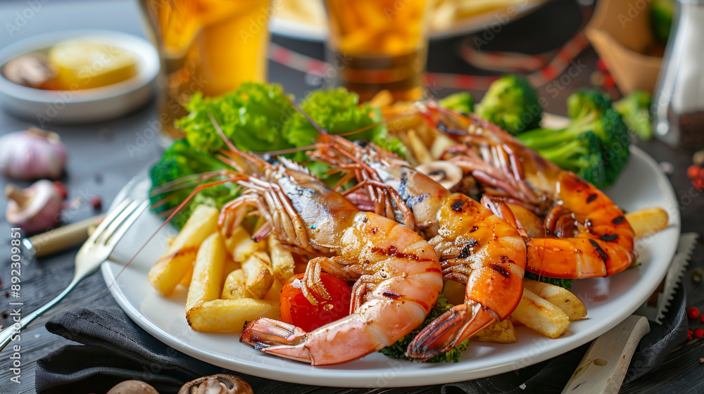 Grilled shrimp with spices, salad and vegetables on a plate and beer. Grilled shrimp with spices, salad and vegetables on a plate and beer.