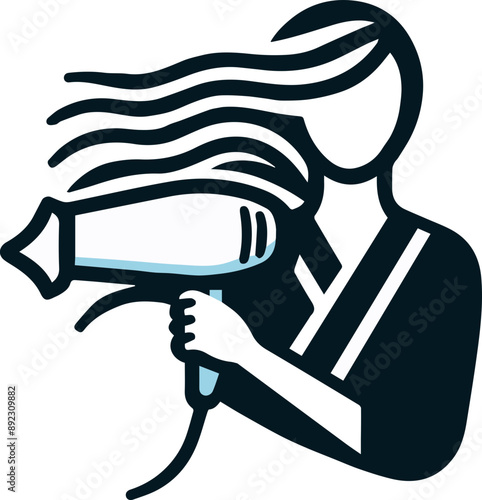 An illustrated silhouette of a woman with a hair dryer, embodying beauty and hairstyling themes.