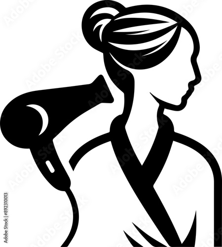 Stylish woman silhouette with a hairdryer in an elegant hairstyle, representing beauty and hair care.