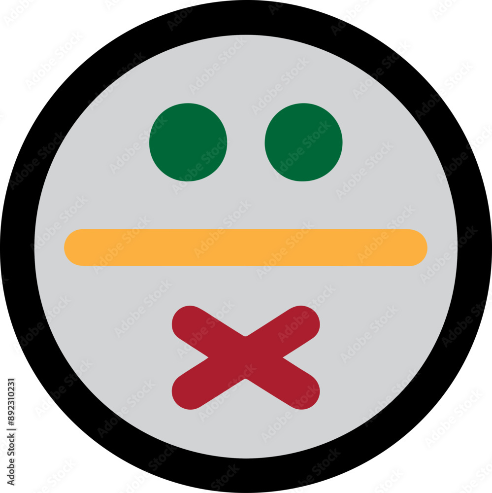 Minimalist illustration of a face with green eyes, a yellow line for a mouth, and a red cross, representing silence or neutrality. Minimalist illustration of a face with green eyes, a yellow line for a mouth, and a red cross, representing silence or neutrality.