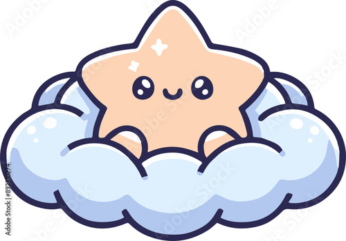 A cute star character rests on a soft cloud, featuring a playful and whimsical design perfect for children's themes and illustrations.