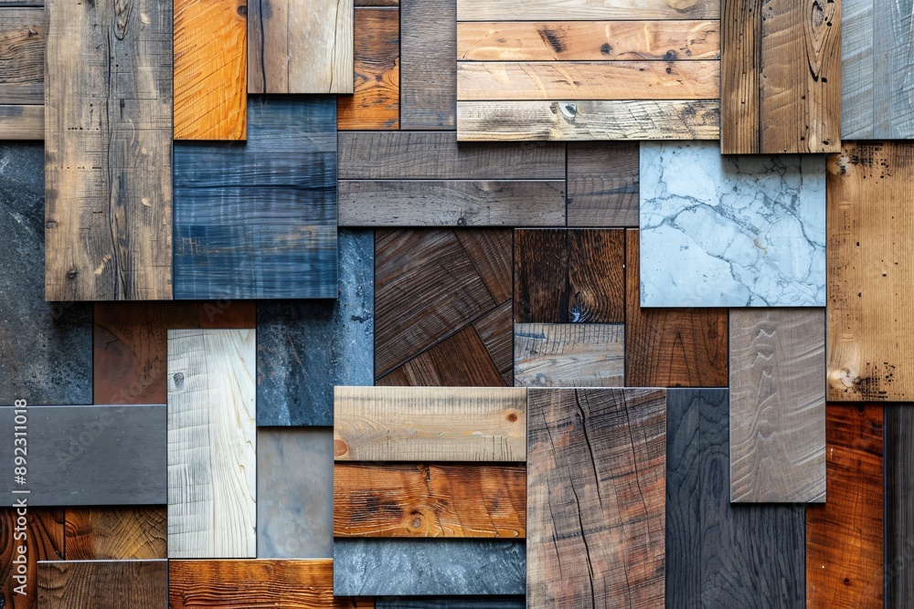 Square samples of wood laminate flooring and vinyl tiles. Square samples of wood laminate flooring and vinyl tiles.