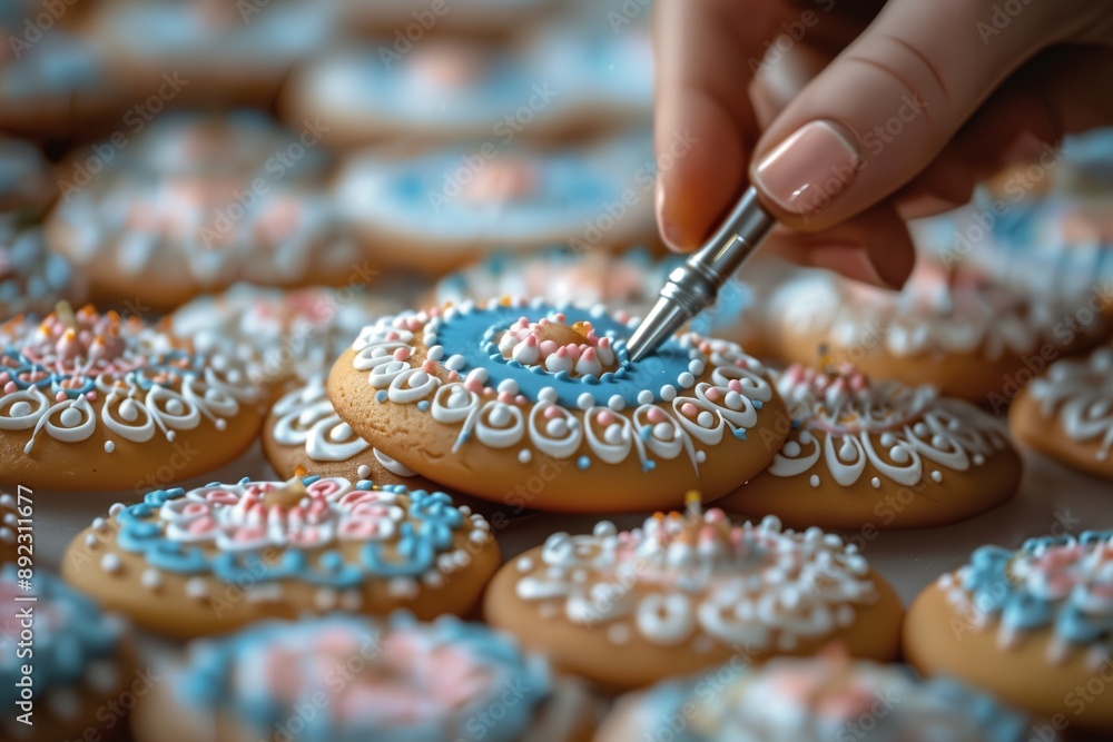 a close up of a person putting icing on some cookies a close up of a person putting icing on some cookies