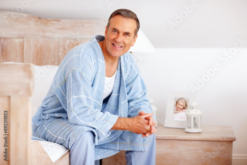 Free Download Smile, portrait or senior man on bed for wellness, weekend relax or happy at home. Retirement success, elderly person or calm in morning for financial security, good health or peace in Canada - GFXLoad