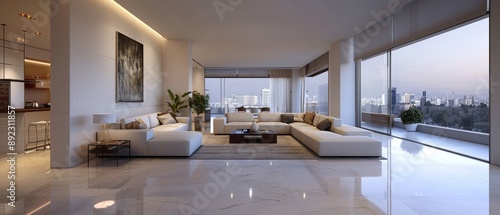 Elegant Modern Living Room with Panoramic Window View in Luxurious Home