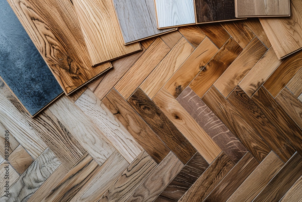 Selection of natural tone parquet and laminate floor samples set against an oak wood backdrop. Selection of natural tone parquet and laminate floor samples set against an oak wood backdrop.