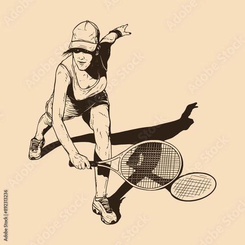 Female tennis player. Vintage line engraving style. Vector illustration. Abstract hand drawn silhouette