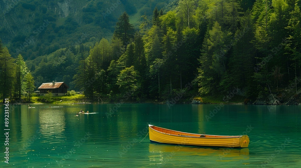 A yellow rowboat in the middle of an alpine lake with green water, there is one small house on land and some people swimming, surrounded by forested hills. A yellow rowboat in the middle of an alpine lake with green water, there is one small house on land and some people swimming, surrounded by forested hills.