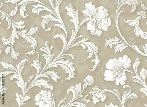 Light beige background with a white vintage floral pattern, white on light brown, elegant, suitable for various applications