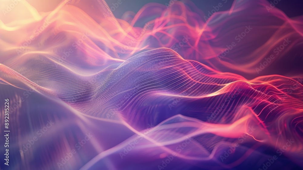 Obraz premium Abstract digital landscape with flowing lines and waves, symbolizing digital flow, data visualization, technology, innovation, and connectivity.