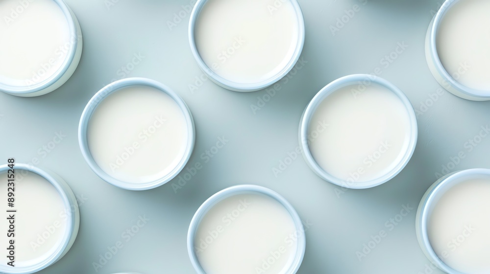 Top view of glass filled with fresh, creamy milk on a soft blue background, showcasing a clean and minimalist aesthetic. Top view of glass filled with fresh, creamy milk on a soft blue background, showcasing a clean and minimalist aesthetic.