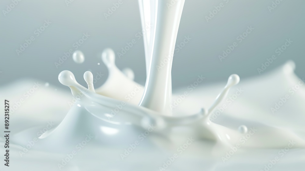 A captivating splash of milk, showcasing its creamy texture and fluid motion in a soft, airy environment. A captivating splash of milk, showcasing its creamy texture and fluid motion in a soft, airy environment.