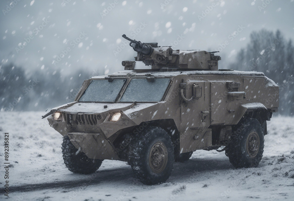 Fototapeta premium An armored vehicle patrolling a snowy battlefield, under a cold, overcast sky, with heavy snowfall 