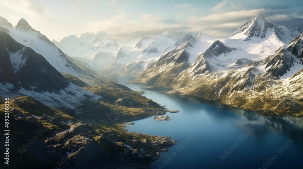 Obraz premium Majestic snow-capped mountains reflecting in a pristine alpine lake, serene wilderness landscape with copy space, perfect for nature, travel, and outdoor adventure themes.