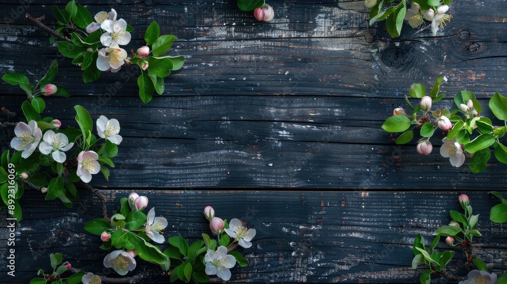 Blooming apple tree on rustic surface with empty area Blooming apple tree on rustic surface with empty area