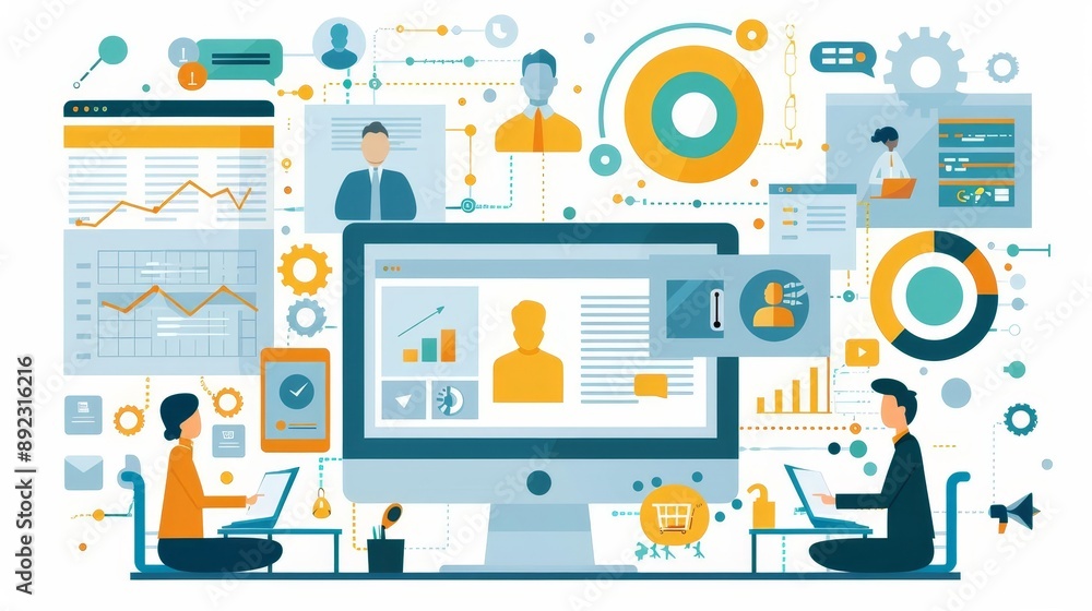 Detailed illustration of a comprehensive recruitment management system integrating AI and data analytics, innovative methods, and professional teamwork, bright and modern visuals Detailed illustration of a comprehensive recruitment management system integrating AI and data analytics, innovative methods, and professional teamwork, bright and modern visuals
