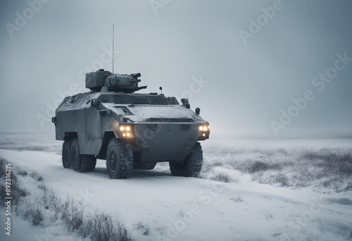 An armored vehicle patrolling a snowy battlefield, under a cold, overcast sky, with heavy snowfall
 photo