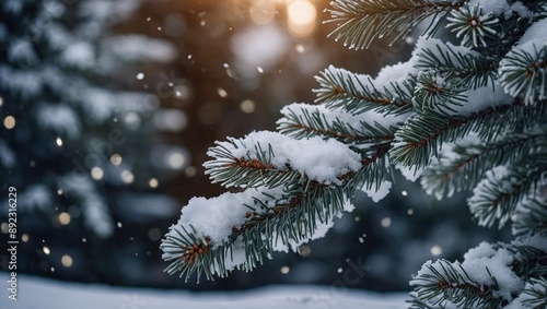 Snow-covered spruce branches, bokeh Christmas lights, and space for text in a picturesque winter scene