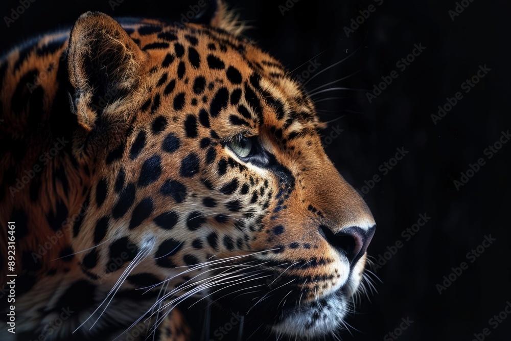 Obraz premium A majestic leopard's profile, showcasing its powerful gaze and intricate spotted coat against a dark background, representing strength, beauty, and the wild.