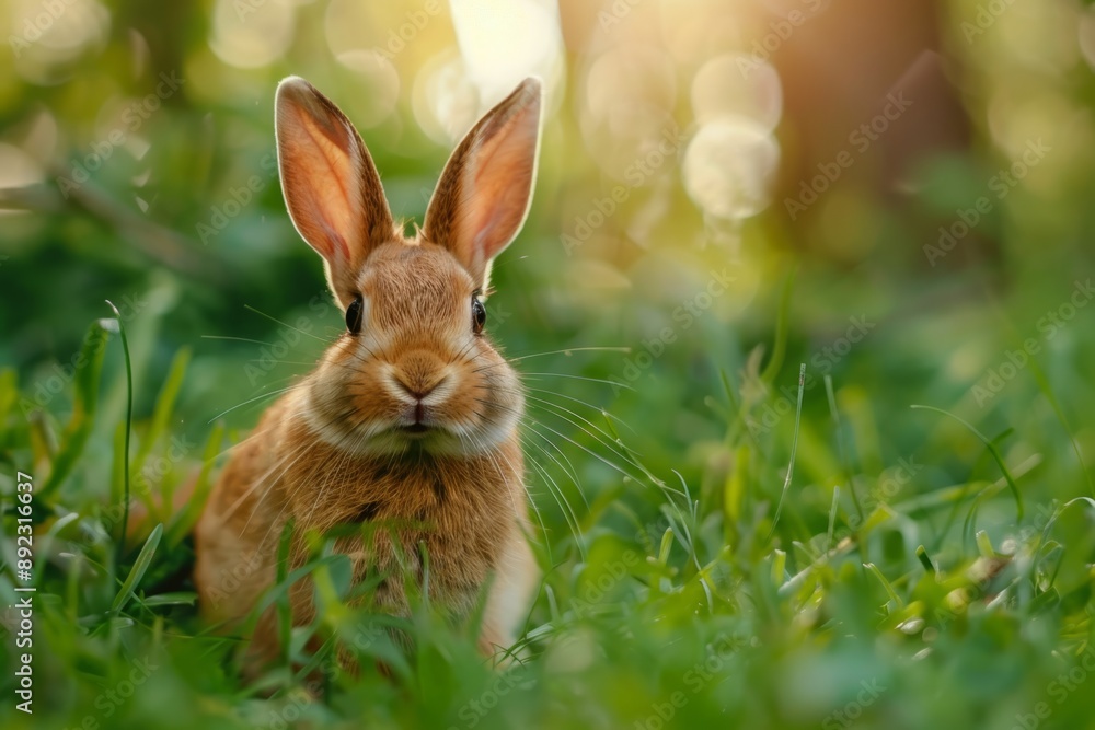 A small, brown bunny rabbit with long ears sits in a field of green grass, looking directly at the camera. The bunny is surrounded by lush greenery, and the sun is shining brightly in the background. A small, brown bunny rabbit with long ears sits in a field of green grass, looking directly at the camera. The bunny is surrounded by lush greenery, and the sun is shining brightly in the background.