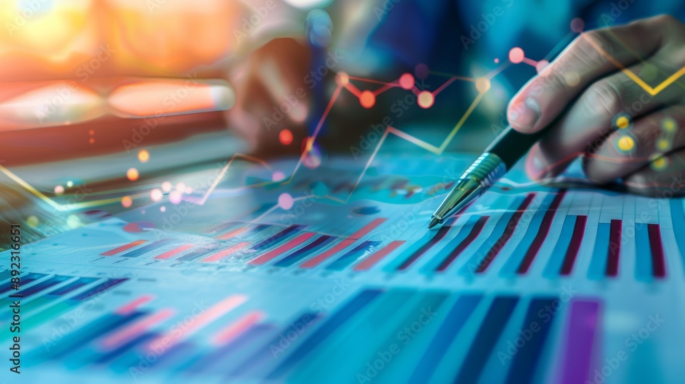 A hand points at a financial chart representing data analysis, business growth, financial planning, investment strategy, and market trends. A hand points at a financial chart representing data analysis, business growth, financial planning, investment strategy, and market trends.