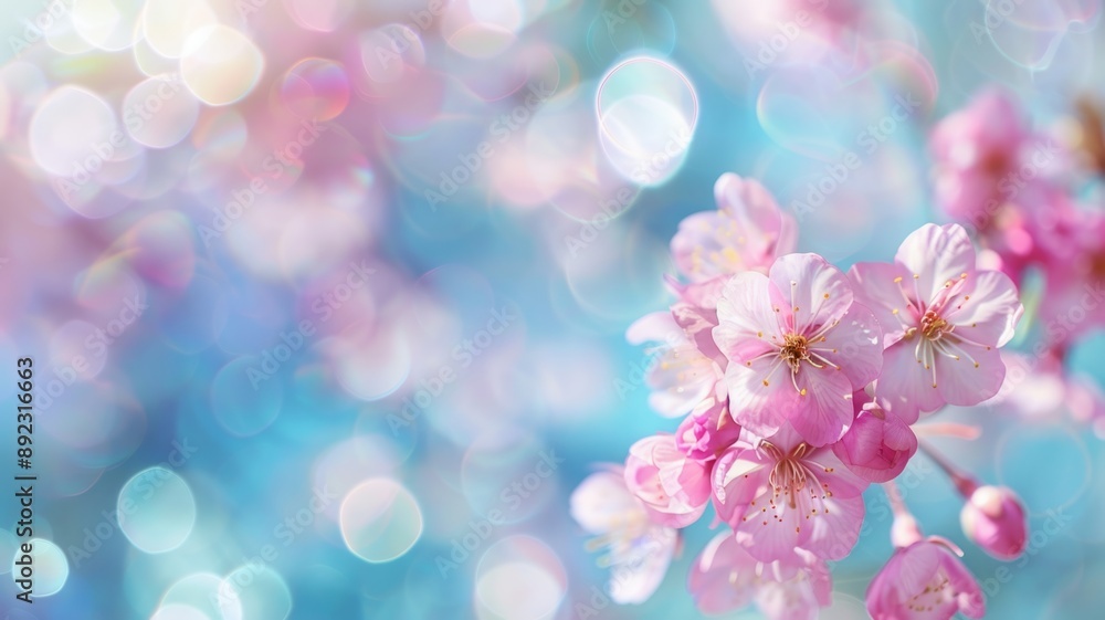 This image captures the beauty of spring with delicate pink cherry blossoms, soft bokeh, and a light blue background. The image symbolizes new beginnings, delicate beauty, and a sense of peace and tra This image captures the beauty of spring with delicate pink cherry blossoms, soft bokeh, and a light blue background. The image symbolizes new beginnings, delicate beauty, and a sense of peace and tra