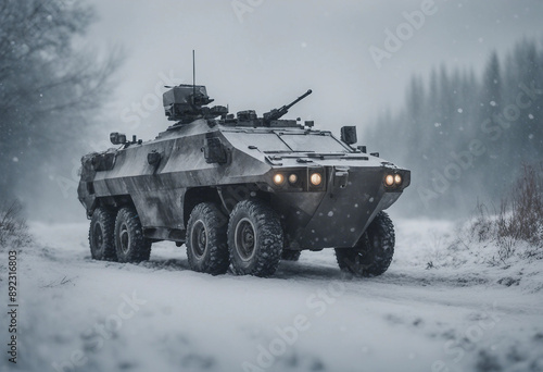 An armored vehicle patrolling a snowy battlefield, under a cold, overcast sky, with heavy snowfall
 photo