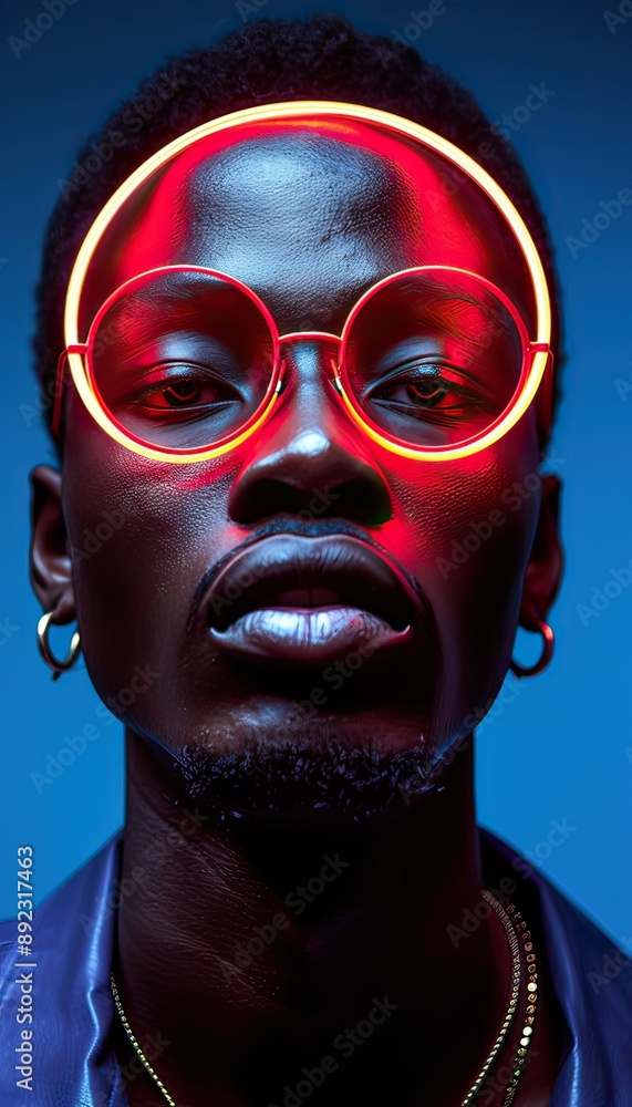 A detailed view of a man wearing vibrant neon glasses under colorful lighting A detailed view of a man wearing vibrant neon glasses under colorful lighting