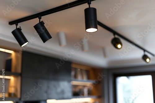Close-Up of Black Track Lighting System in Modern Home Interior Design