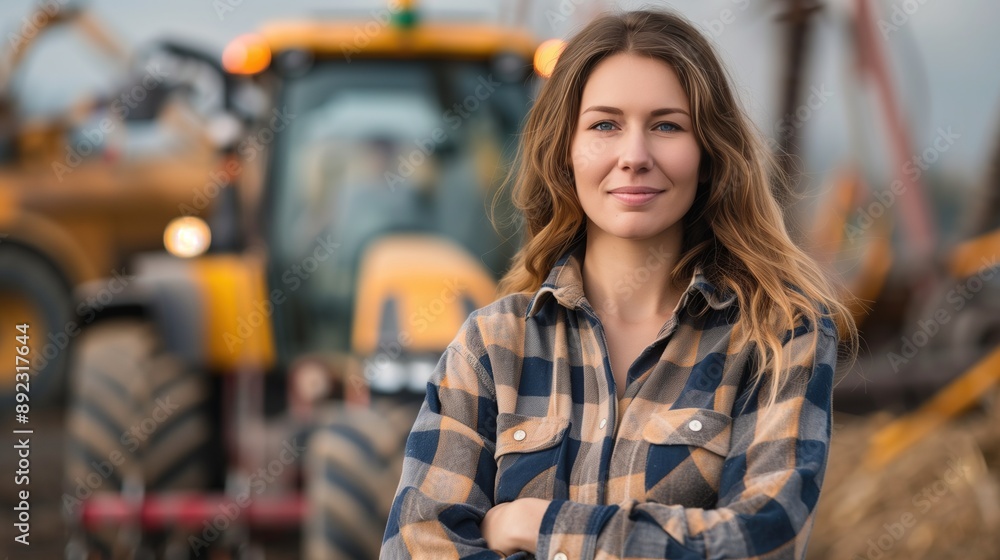 Proud female farmer standing in front of a tractor on a farm, representing agriculture and rural lifestyle