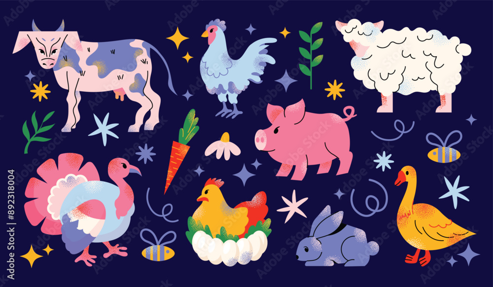 Obraz premium Big vector farm animals set. Big collection with cow, sheep, turkey, rabbit, duck, hen, pig. Food for animals. Countryside, agriculture. Cute farm animal isolated on dark background