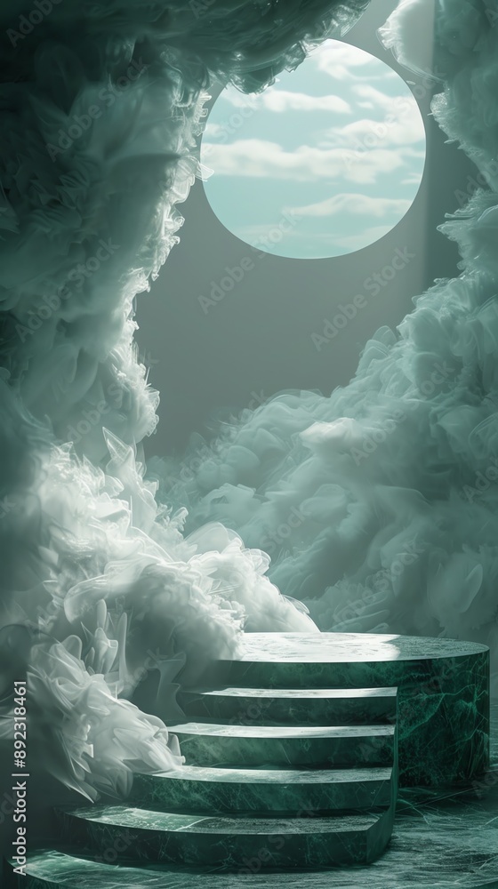 Fototapeta premium Surreal 3D podium emerging from a swirling mist, with soft, ethereal lighting creating a mystical atmosphere