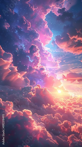 Volumetric 3D musical clouds in an abstract sky, with iridescent highlights and soft shadows, creating a surreal scene photo