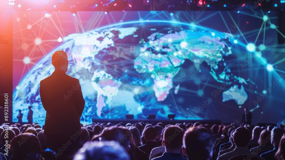 Obraz premium A speaker stands before a large crowd at a conference, facing a screen displaying a global map with interconnected lines, symbolizing connectivity, collaboration, globalization, innovation, and the fu