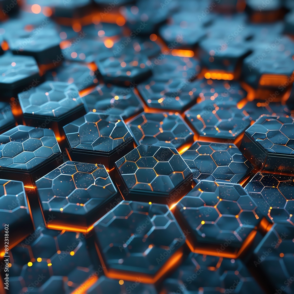 Obraz premium 3D abstract hexagonal grid with each cell displaying different musical notes and depths, creating a complex audio pattern