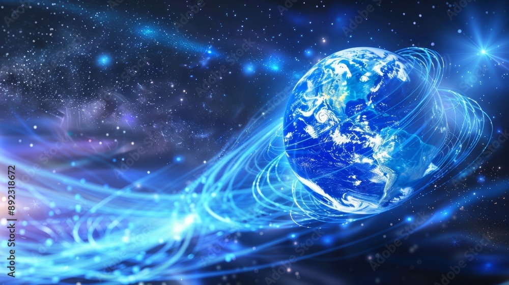 Obraz premium This image depicts a vibrant blue Earth in space, surrounded by glowing energy lines, symbolizing global interconnectedness, digital networks, communication, technology, and innovation.