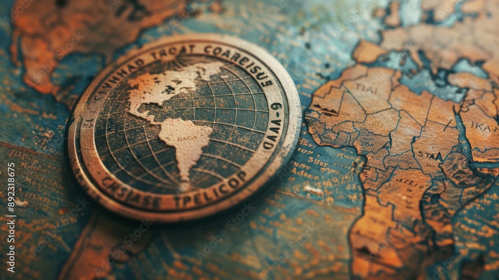 Obraz premium A close-up shot of a vintage coin featuring a world map, symbolizing global connectivity, exploration, travel, history, and the passage of time.