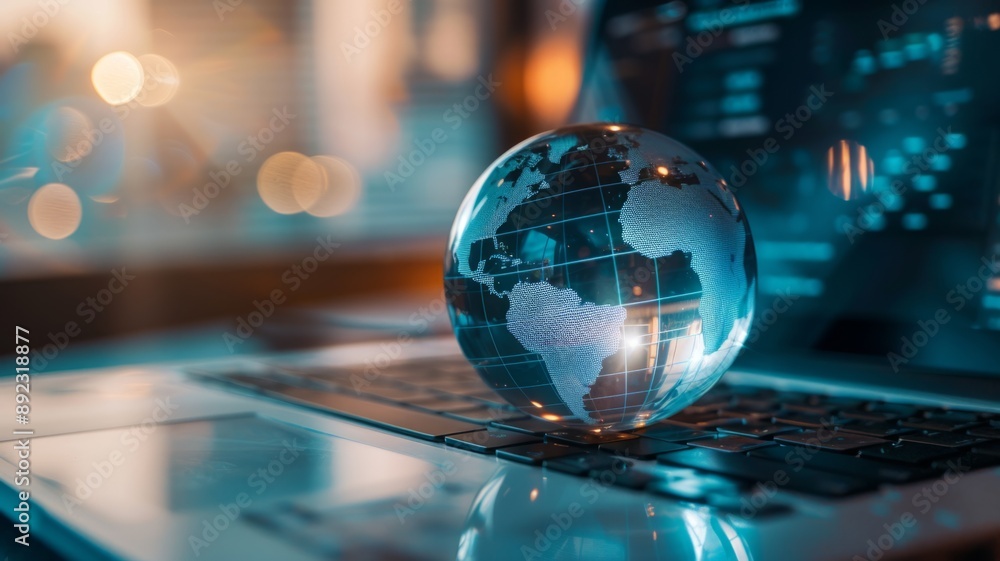 A glass globe sits on a laptop keyboard, symbolizing the interconnectedness of the world, the power of technology, the potential for global business, the importance of digital communication, and the f A glass globe sits on a laptop keyboard, symbolizing the interconnectedness of the world, the power of technology, the potential for global business, the importance of digital communication, and the f