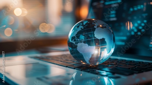 A glass globe sits on a laptop keyboard, symbolizing the interconnectedness of the world, the power of technology, the potential for global business, the importance of digital communication, and the f