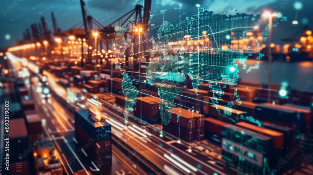 A nighttime image of a bustling shipping port with a glowing digital world map overlay, symbolizing global trade, interconnectedness, international transportation, digital logistics, and data-driven o A nighttime image of a bustling shipping port with a glowing digital world map overlay, symbolizing global trade, interconnectedness, international transportation, digital logistics, and data-driven o