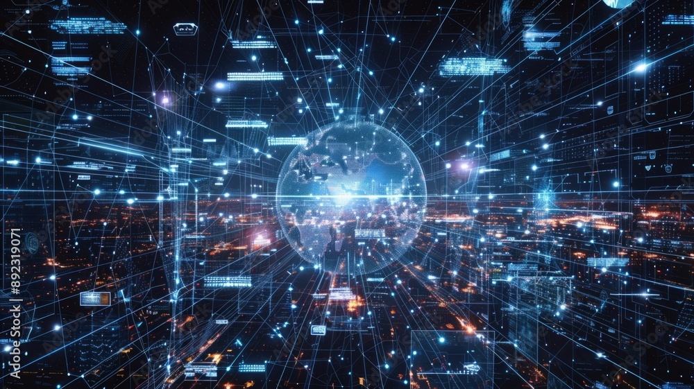 A futuristic illustration depicting a glowing globe at the center of a dense network of interconnected lines and data points, symbolizing global communication, data exchange, and the interconnectednes A futuristic illustration depicting a glowing globe at the center of a dense network of interconnected lines and data points, symbolizing global communication, data exchange, and the interconnectednes