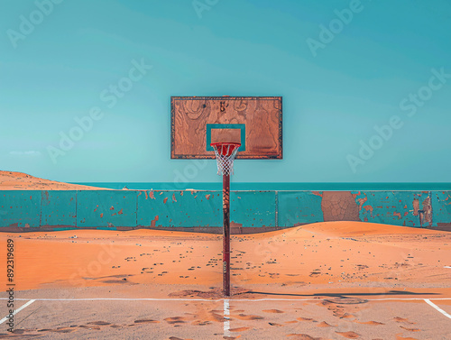 a rusted basketball hoop in the middle of a desert. The sky is filled with clouds, and the sand has many tracks in it. photo