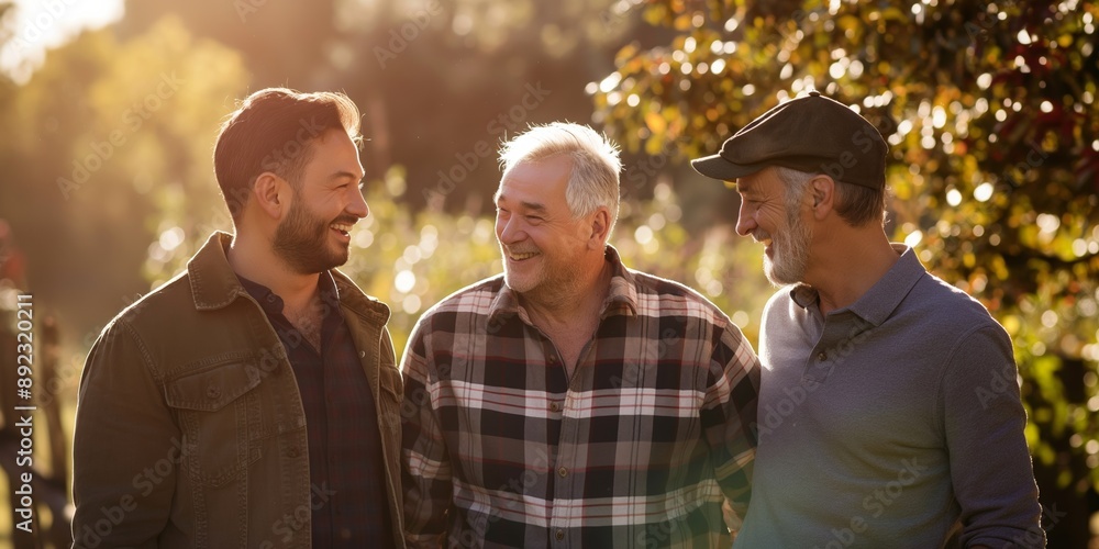 Naklejka premium A happy family, including a smiling grandfather, father, and friends, enjoys a walk in the park.
