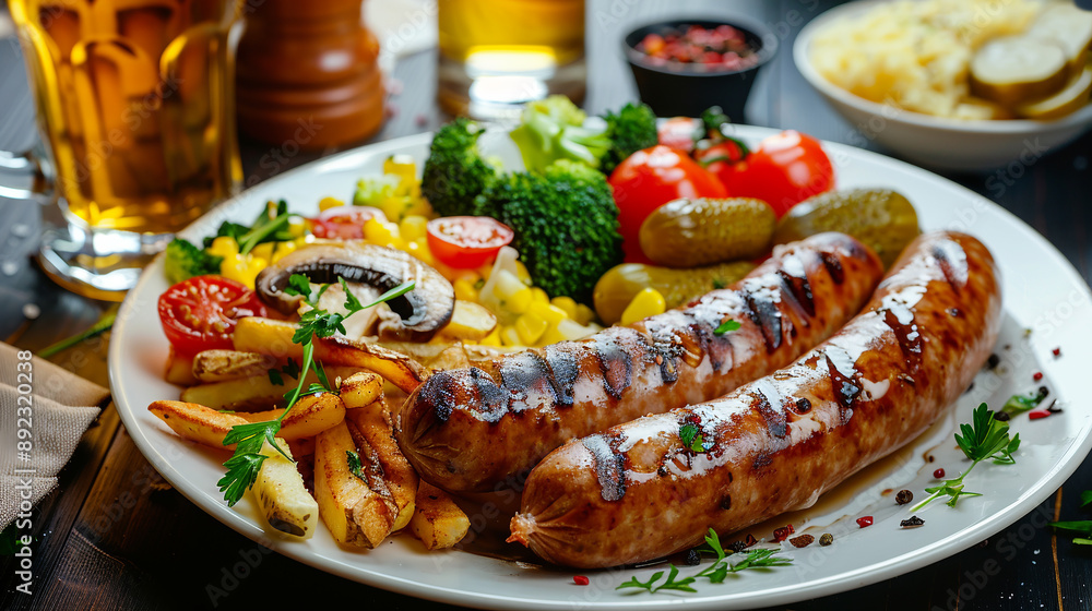 There are delicious fried sausages with vegetables and mushrooms on a plate on the table. There are delicious fried sausages with vegetables and mushrooms on a plate on the table.