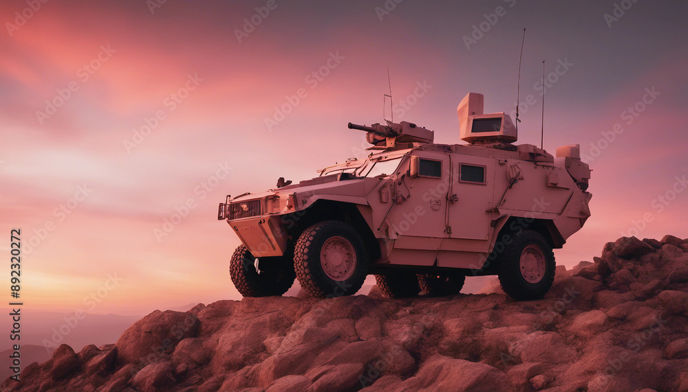 Fototapeta premium An armored vehicle stationed on a rocky hillside at sunset, with the sky ablaze with orange and pink 