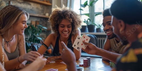 Friends gather around a table, laughing and playing poker, enjoying each other's company and the game.